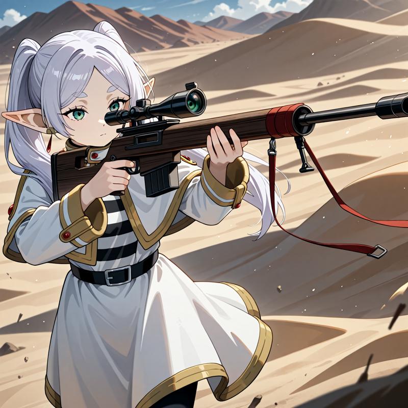 1girl, frieren, sousou no frieren, holding gun, sniper rifle, aiming, desert.png